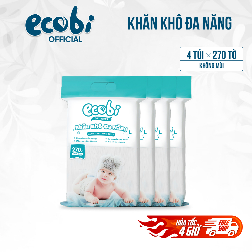 MUA 2 TẶNG 2_Thùng 04 túi khăn khô đa năng Ecobi 270 tờ cao cấp không mùi không cồn an toàn cho bé