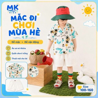 Set Bộ Bé Trai Aloha MK Kids Áo Sơ Mi Họa Tiết Nổi Bật Đi Biển Mùa Hè Chất Đũi Tơ Thoáng Mát 2-8 Tuổi