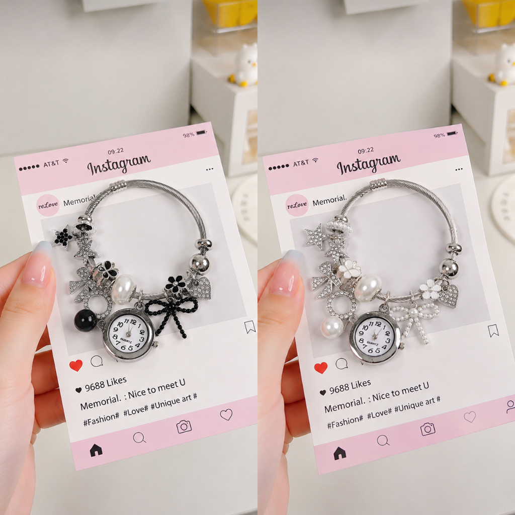 Đồng Hồ Lắc Tay Nữ học sinh giá rẻ, Sang Chảnh Thiết Kế Vòng Charm Đính Đá Pha Lê Lấp Lánh dễ thương, Quà Tặng Nàng Cự