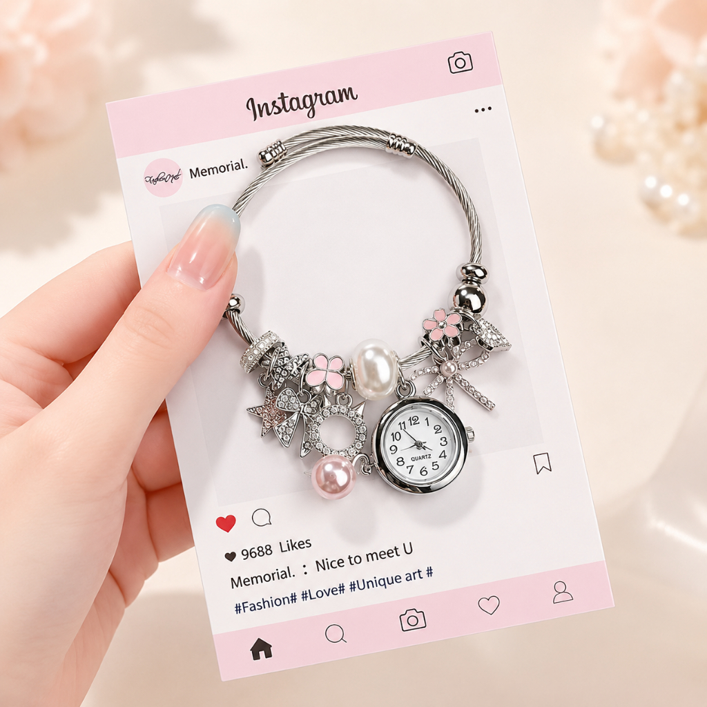Đồng Hồ Lắc Tay Nữ học sinh giá rẻ, Sang Chảnh Thiết Kế Vòng Charm Đính Đá Pha Lê Lấp Lánh dễ thương, Quà Tặng Nàng Cự