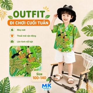 Set Bộ Bé Trai Parrot MK Kids Áo Sơ Mi Họa Tiết Nổi Bật Đi Biển Mùa Hè Chất Đũi Tơ Thoáng Mát 2-8 Tuổi