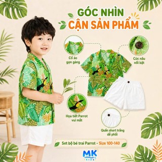 Set Bộ Bé Trai Parrot MK Kids Áo Sơ Mi Họa Tiết Nổi Bật Đi Biển Mùa Hè Chất Đũi Tơ Thoáng Mát 2-8 Tuổi
