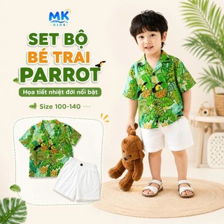Set Bộ Bé Trai Parrot MK Kids Áo Sơ Mi Họa Tiết Nổi Bật Đi Biển Mùa Hè Chất Đũi Tơ Thoáng Mát 2-8 Tuổi