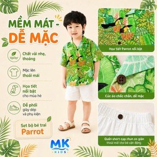 Set Bộ Bé Trai Parrot MK Kids Áo Sơ Mi Họa Tiết Nổi Bật Đi Biển Mùa Hè Chất Đũi Tơ Thoáng Mát 2-8 Tuổi