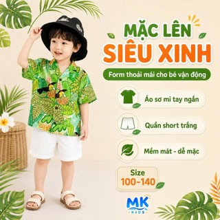 Set Bộ Bé Trai Parrot MK Kids Áo Sơ Mi Họa Tiết Nổi Bật Đi Biển Mùa Hè Chất Đũi Tơ Thoáng Mát 2-8 Tuổi