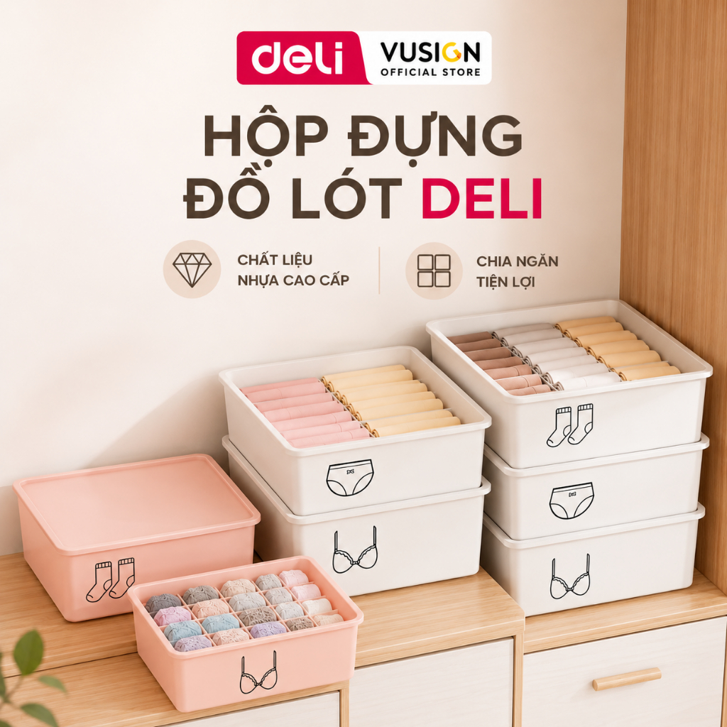 Hộp Đựng Đồ Lót Chia Ngăn Có Nắp Deli – Hộp Nhựa Siêu Dày Đựng Tất Vớ, Khay Sắp Xếp Tủ Quần Áo