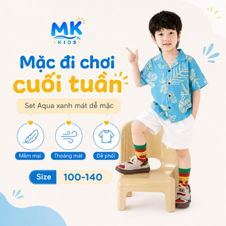Set Bộ Bé Trai Aqua MK Kids Áo Sơ Mi Họa Tiết Nổi Bật Đi Biển Mùa Hè Chất Đũi Tơ Thoáng Mát 2-8 Tuổi