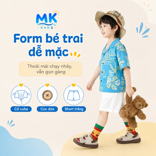 Set Bộ Bé Trai Aqua MK Kids Áo Sơ Mi Họa Tiết Nổi Bật Đi Biển Mùa Hè Chất Đũi Tơ Thoáng Mát 2-8 Tuổi