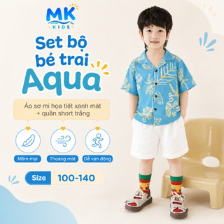 Set Bộ Bé Trai Aqua MK Kids Áo Sơ Mi Họa Tiết Nổi Bật Đi Biển Mùa Hè Chất Đũi Tơ Thoáng Mát 2-8 Tuổi