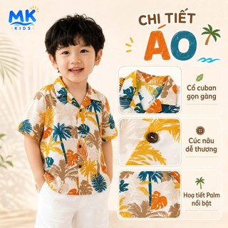 Set Bộ Bé Trai Palm MK Kids Áo Sơ Mi Họa Tiết Nổi Bật Đi Biển Mùa Hè Chất Đũi Tơ Thoáng Mát 2-8 Tuổi