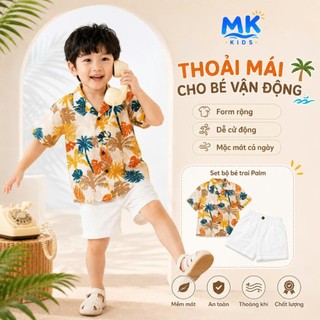 Set Bộ Bé Trai Palm MK Kids Áo Sơ Mi Họa Tiết Nổi Bật Đi Biển Mùa Hè Chất Đũi Tơ Thoáng Mát 2-8 Tuổi