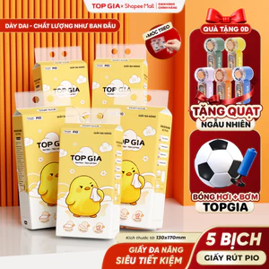Khăn Giấy Pio TopGia Đa Năng Thùng 5 Bịch, Siêu Dai Mềm Mịn 200 Lần Rút