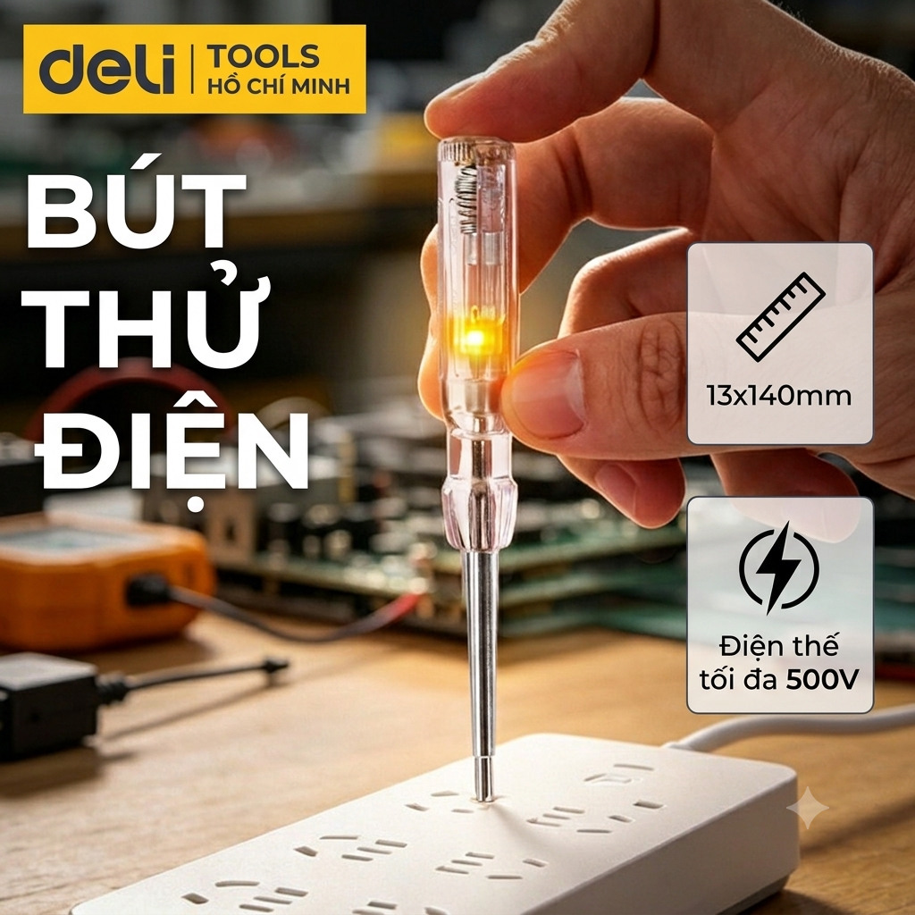 Bút Thử Điện 100-500V Deli Chính Hãng - Nhỏ Gọn, Tiện Lợi, An Toàn Sử Dụng