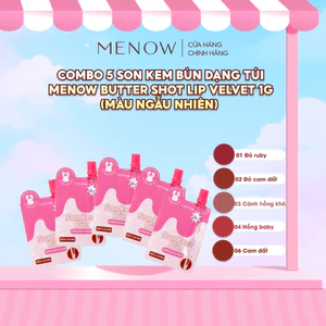 COMBO 5 Son kem bùn dạng túi màu ngẫu nhiên Menow Butter Shot Lip Velvet 1g x5