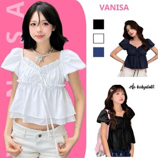 Áo babydoll tiểu thư nữ cổ vuông form xòe rộng trễ vai sang chảnh trắng đen đỏ hồng VANISA CT431