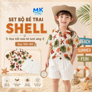 Set Bộ Bé Trai Shell MK Kids Áo Sơ Mi Họa Tiết Nổi Bật Đi Biển Mùa Hè Chất Đũi Tơ Thoáng Mát 2-8 Tuổi