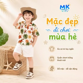 Set Bộ Bé Trai Shell MK Kids Áo Sơ Mi Họa Tiết Nổi Bật Đi Biển Mùa Hè Chất Đũi Tơ Thoáng Mát 2-8 Tuổi