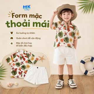 Set Bộ Bé Trai Shell MK Kids Áo Sơ Mi Họa Tiết Nổi Bật Đi Biển Mùa Hè Chất Đũi Tơ Thoáng Mát 2-8 Tuổi