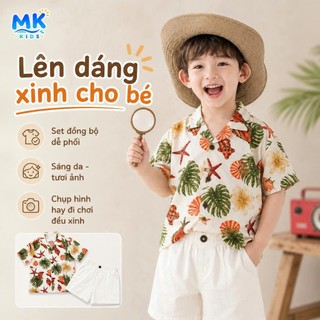 Set Bộ Bé Trai Shell MK Kids Áo Sơ Mi Họa Tiết Nổi Bật Đi Biển Mùa Hè Chất Đũi Tơ Thoáng Mát 2-8 Tuổi