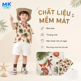 Set Bộ Bé Trai Shell MK Kids Áo Sơ Mi Họa Tiết Nổi Bật Đi Biển Mùa Hè Chất Đũi Tơ Thoáng Mát 2-8 Tuổi