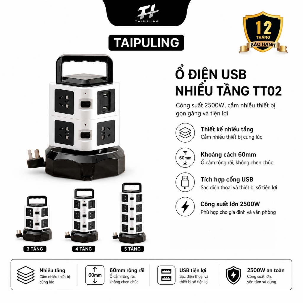 Ổ Điện USB Nhiều Tầng Đa Năng Thông Minh Chịu Tải Chống Giật Chống Nước Công Suất 2500w Lớn Cao Cấp