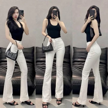 Quần Jean Nữ Ống Bass Trắng Cạp Cao Tôn Dáng - Quần Bò Ống Loe Nữ Trắng Vải Co Giãn Cao Cấp