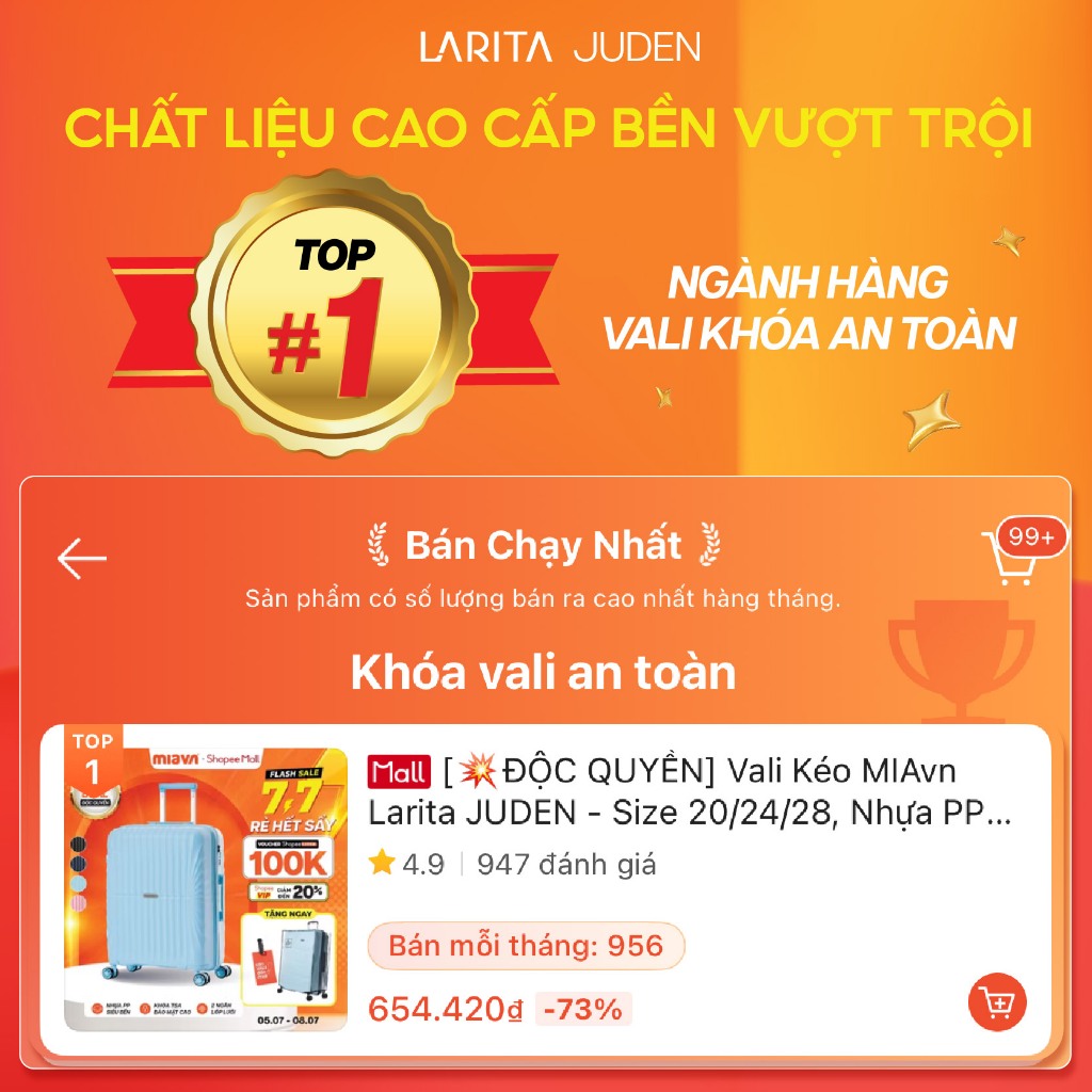 [💥ĐỘC QUYỀN] Vali Kéo MIAvn Larita JUDEN - Size 20/24/28, Nhựa PP Siêu Bền, Hạn Chế Va Đập, Khoá TSA, Bảo Hành Trọn Đời | BigBuy360 - bigbuy360.vn
