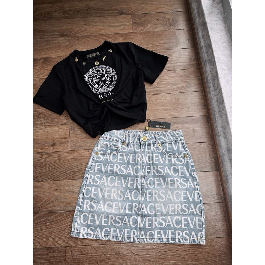 Set áo và váy quần short jean xanh dương