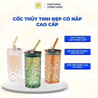Ly Cốc Thủy Tinh Đẹp Có Nắp Home Max, Kèm Ống Hút, Ly Uống Nước Cao Cấp, Dùng Hằng Ngày
