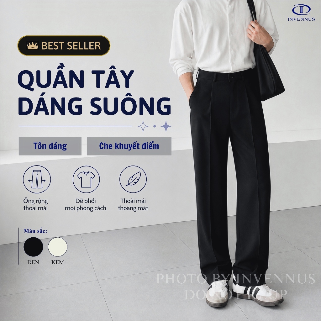 Quần tây nam ống suông INVENNUS cạp cao, quần âu nam tôn dáng vải tuyết hàn thoáng khí [302]