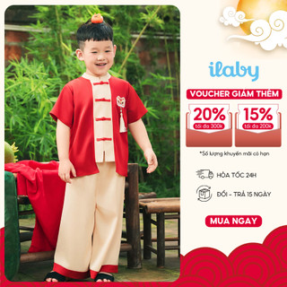 Set bộ trung thu bé trai ILABY HCM thiết kế đỏ kem phối họa tiết đầu lân CÁT KHÁNH [3707]