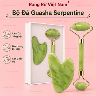 Đá Guasha Kết Hợp Cây Lăn Bằng Đá Tự Nhiên Serpentine Màu Xanh Mạ Giúp Nâng Cơ Thon Gọn Mặt - Thư Giãn - Nâng Cơ Mặt