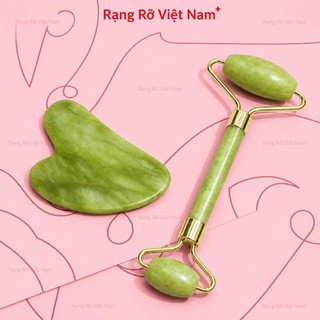 Đá Guasha Kết Hợp Cây Lăn Bằng Đá Tự Nhiên Serpentine Màu Xanh Mạ Giúp Nâng Cơ Thon Gọn Mặt - Thư Giãn - Nâng Cơ Mặt