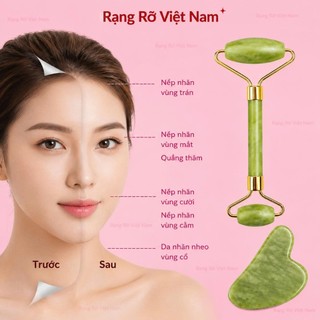 Đá Guasha Kết Hợp Cây Lăn Bằng Đá Tự Nhiên Serpentine Màu Xanh Mạ Giúp Nâng Cơ Thon Gọn Mặt - Thư Giãn - Nâng Cơ Mặt