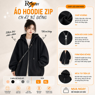 Áo Khoác Hoodie Nỉ Khoá Zip Tay Phồng Trơn Unisex RUSY, Nón 2 Lớp Dày Dặn Tay Bồng Chất Nỉ Bông AK04