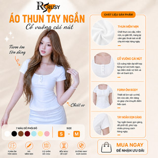 Áo Thun Nữ Cổ Vuông Phối Nút Tay Ngắn RUSY Chất Thun Co Giãn Form Ôm Body Màu Pastel TN08