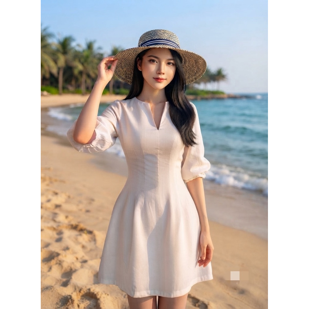 Đầm linen màu trắng tay bồng chiết eo tôn dáng đi biển đi chơi ANVY đầm tiểu thư sang chảnh
