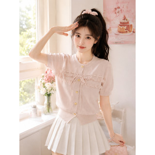 Áo Len Nữ Vileli Bèo Ngực Phối Nơ Tay Ngắn Dệt Kim Mềm Mịn Tiểu Thư Trẻ Trung Dễ Phối VL2607