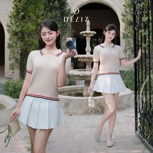 Áo len ngắn tay polo phối cúc viền line sọc form ôm thanh lịch len lông thỏ mềm PL03