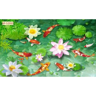 Tranh hồ cá chép huyền ảo vải lụa kim tuyến dán tường khổ lớn 3D
