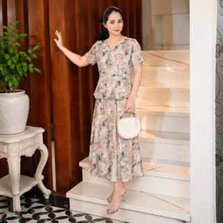 Sét đồ bộ trung niên chất vải lụa cao cấp mã 141 - quần ống rộng giả váy thanh lịch sang trọng tôn dáng