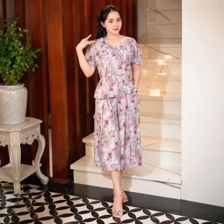 Sét đồ bộ trung niên chất vải lụa cao cấp mã 141 - quần ống rộng giả váy thanh lịch sang trọng tôn dáng