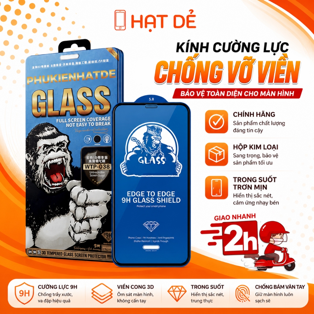 Kính Cường Lực iphone Full Màn Chống Vỡ Viền WTP-038/039 cho 8Plus/X/Xs Max/11/12/13/14/15/16/17/Pro/Plus/Pro Max