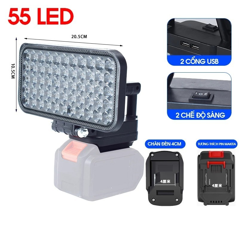 Đèn led 35/55 mắt siêu sáng sử dụng chân pin phổ thông MAKITA có 2 chế độ sáng, có 2 cổng sạc Hot