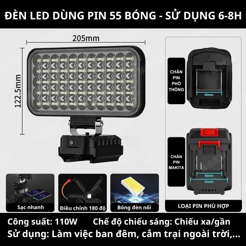 Đèn led 35/55 mắt siêu sáng sử dụng chân pin phổ thông MAKITA có 2 chế độ sáng, có 2 cổng sạc Hot