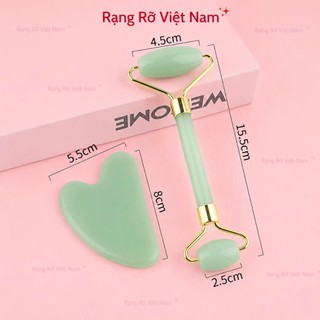 Đá Guasha Bằng Đá Tự Nhiên Xanh Ngọc Bích - Kết Hợp Cây Lăn Massage Mặt Giúp Nâng Cơ - Thon Gọn Mặt Hiệu Quả