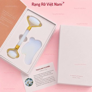 Bộ Đá Guasha Massage Mặt Giảm Nếp Nhăn + Cây Lăn Massage Nâng Cơ Bằng Đá Tự Nhiên Màu Trắng Xanh - Đá Mã Não Tự Nhiên