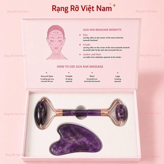 Đá Guasha Thạch Anh Tím Kèm Cây Lăn Thạch Anh Tím Hàng Hiếm Cao Cấp Giúp Nâng Cơ Mặt Giảm Nếp Nhăn - Bộ Đá Guasha Tím