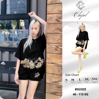 Bộ Áo Phông Nữ Chepol Cao Cấp, Form Rộng, In Hoa, Cổ Tròn, Phối Quần Đùi, Chất Cotton (Áo Thun Đen + Quần Đùi )-CP_x2814
