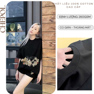 Bộ Áo Phông Nữ Chepol Cao Cấp, Form Rộng, In Hoa, Cổ Tròn, Phối Quần Đùi, Chất Cotton (Áo Thun Đen + Quần Đùi )-CP_x2814